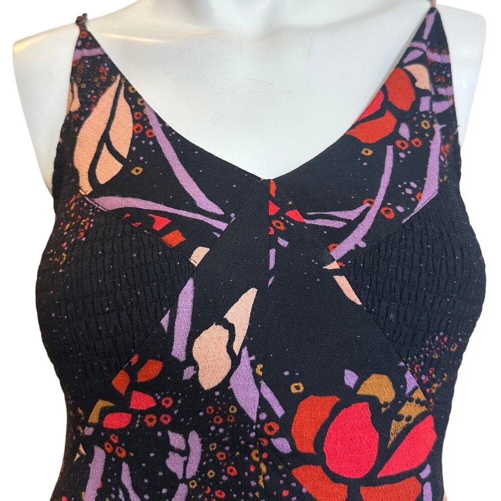 Free People Floral Smocked Maxi Dress XS Black Pink Purple Boho Stretch - Picture 3 of 14